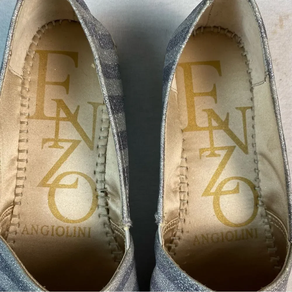 Enzo Angiolini Women’s Austyn Espadrilles Silver Striped Glitter Shimmer Size 10